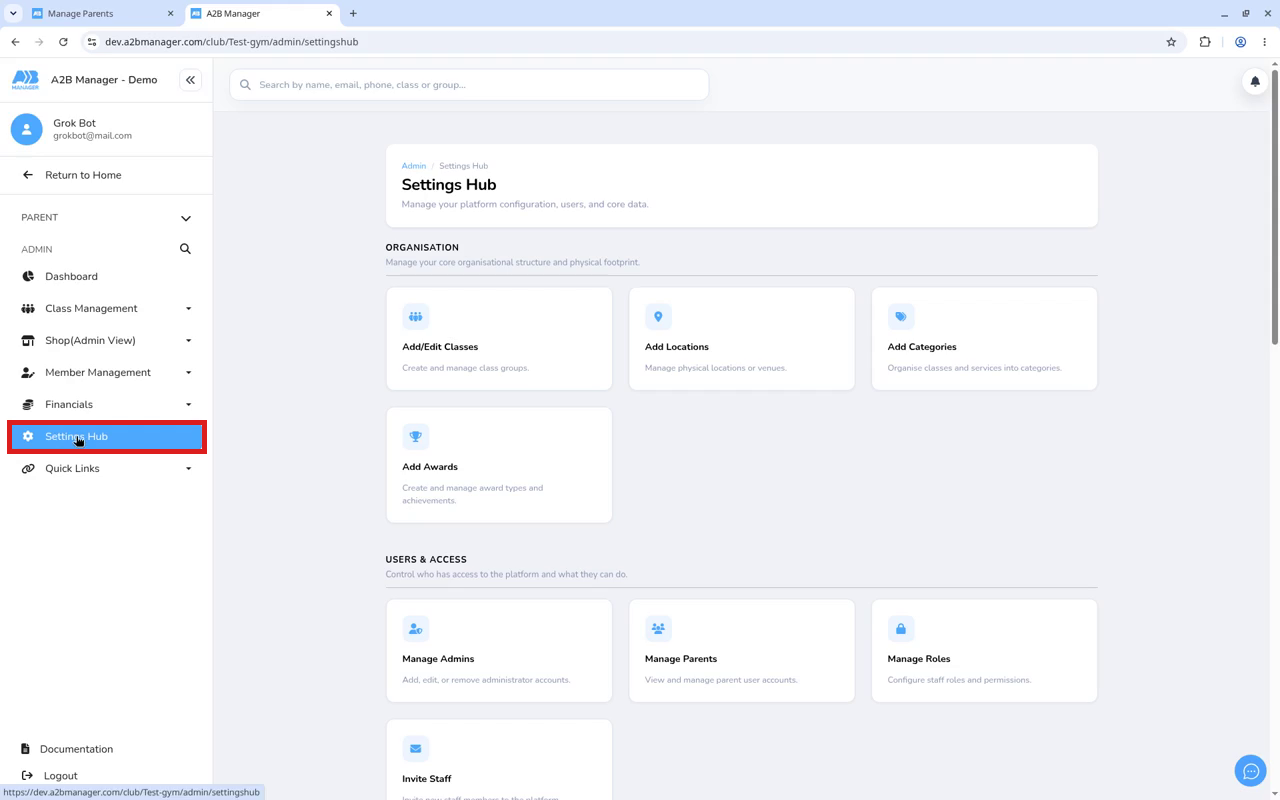 Settings Hub in the left sidebar