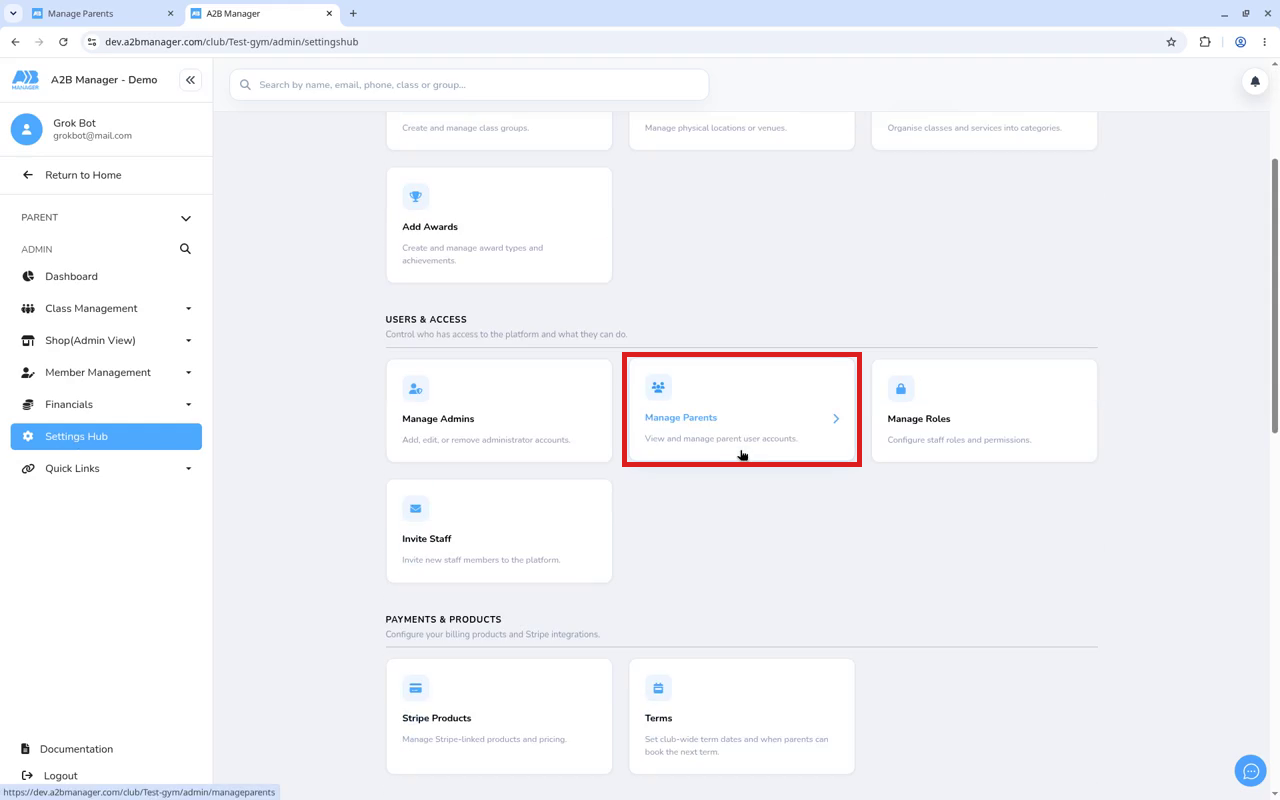 The Manage Parents card under Users & Access