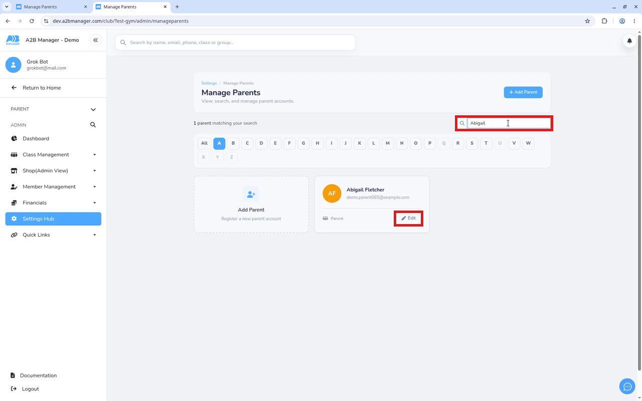 Search for the parent, then click Edit on their card