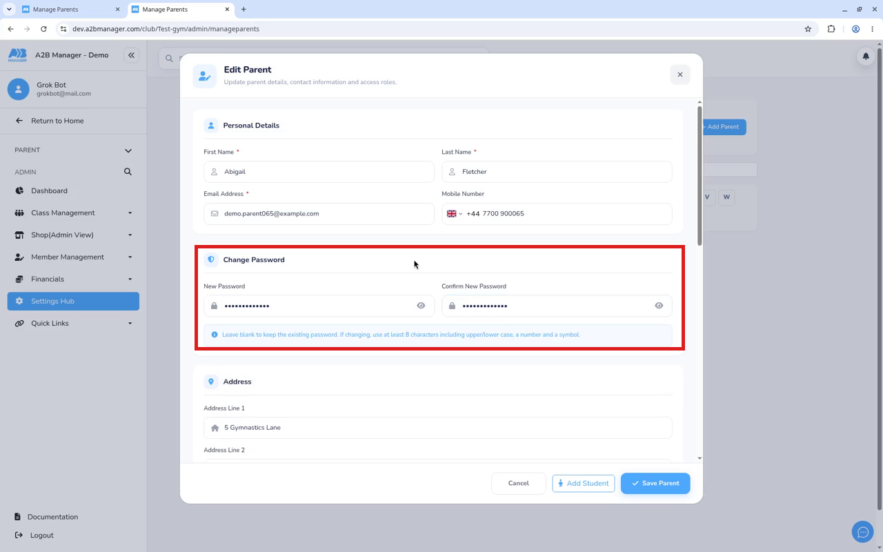 The Change Password section of the Edit Parent pop-up