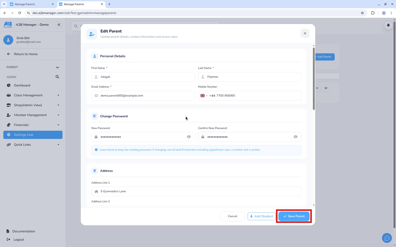 Click Save Parent to save the new password