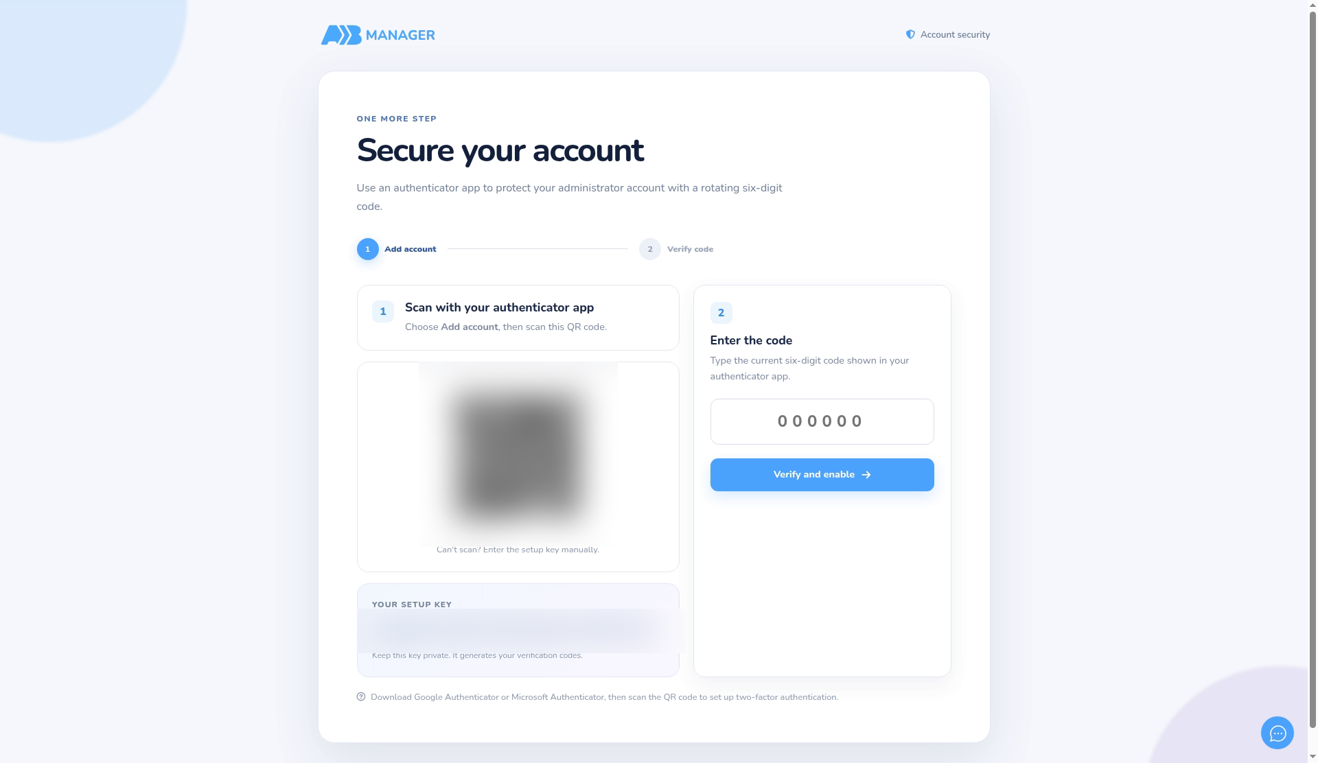 The Secure your account page (QR code and setup key hidden)
