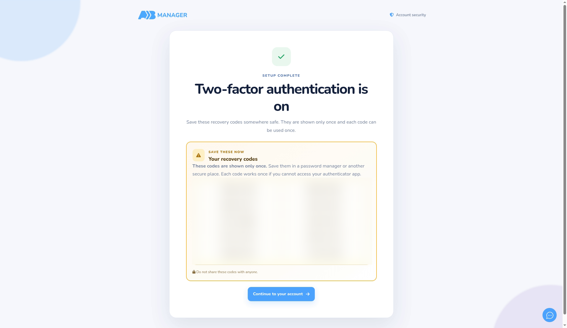 Two-factor authentication is on (recovery codes hidden)
