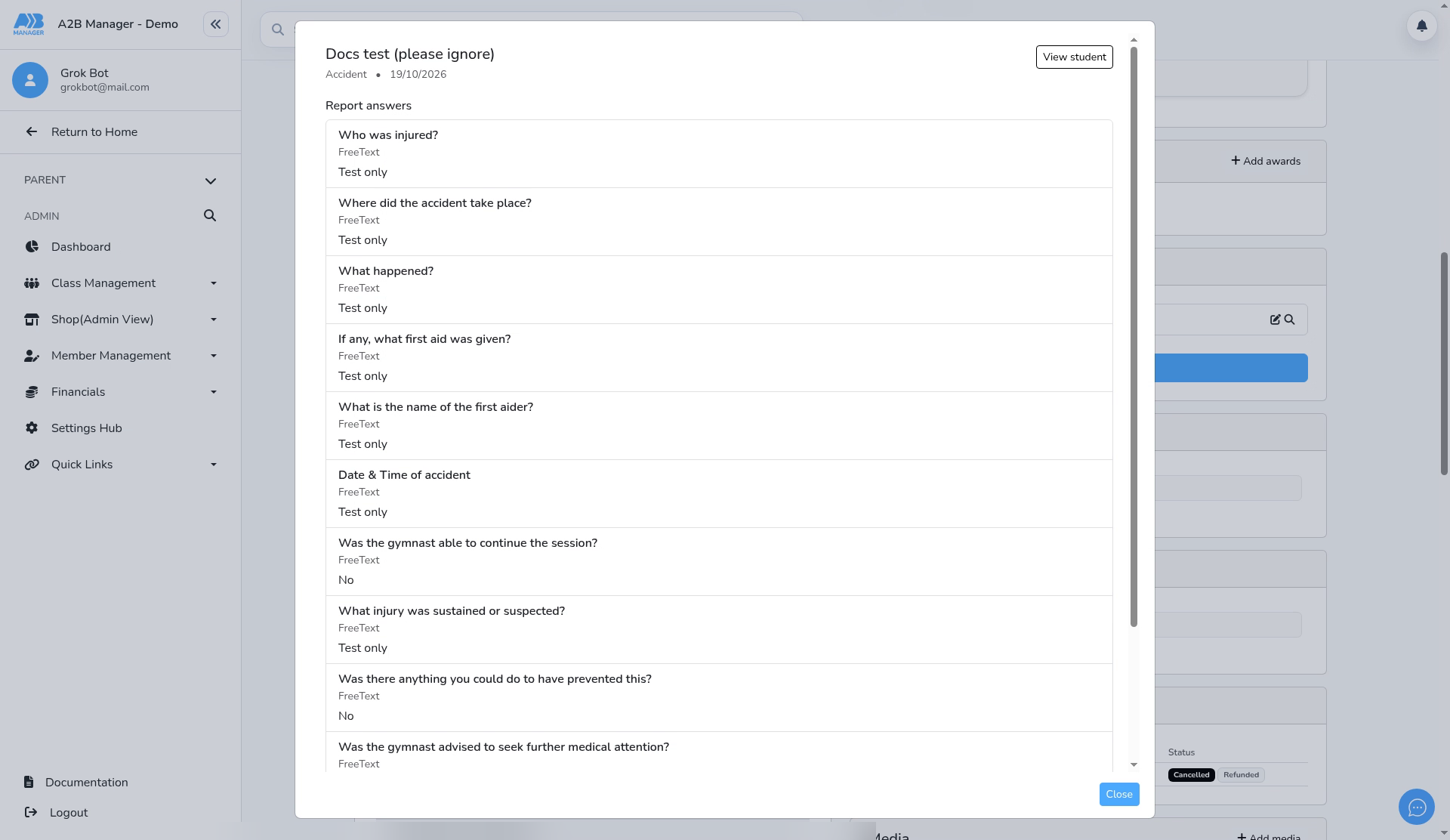 The saved report on the profile