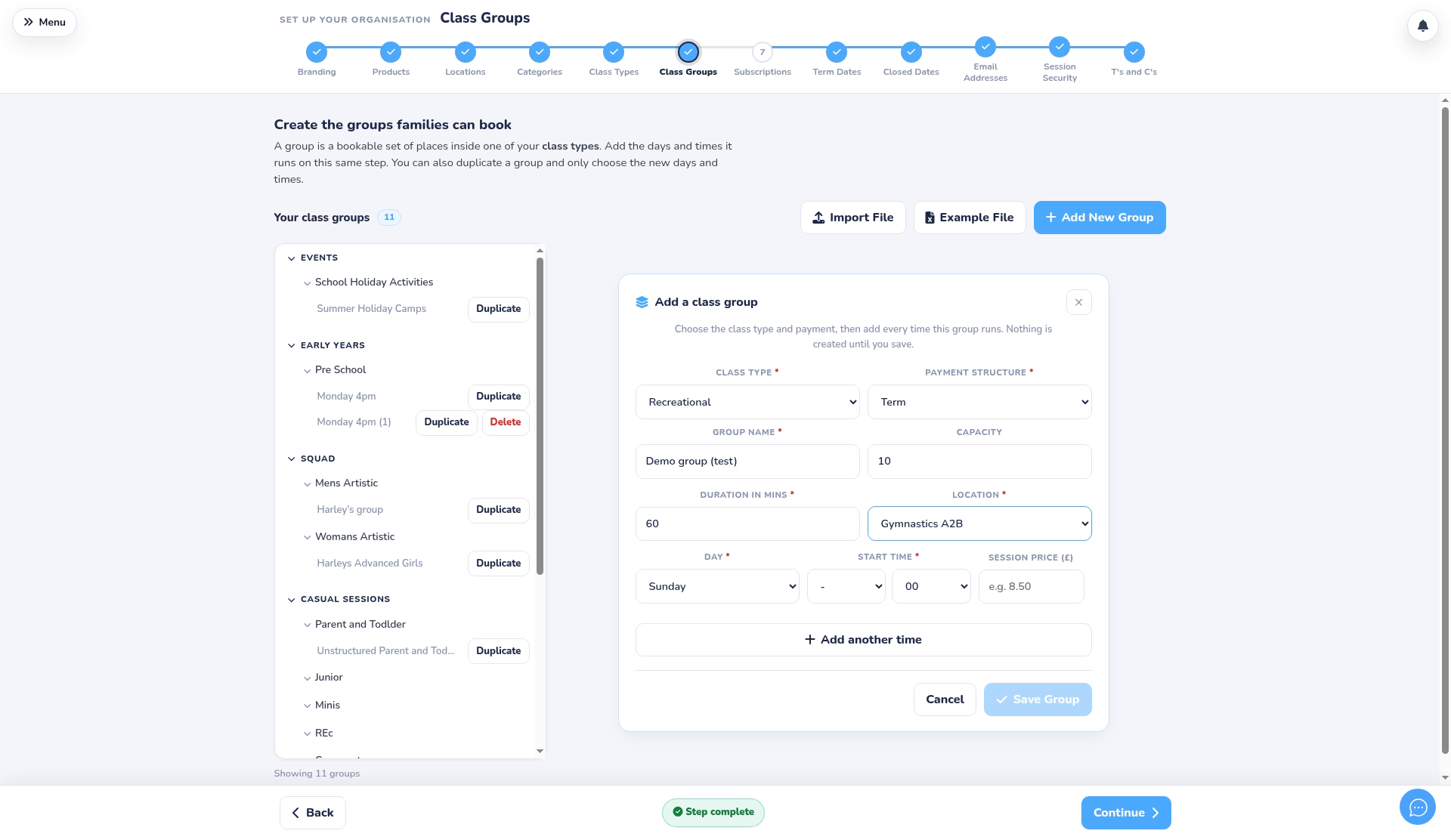 Class type, payment, name, capacity, duration and location