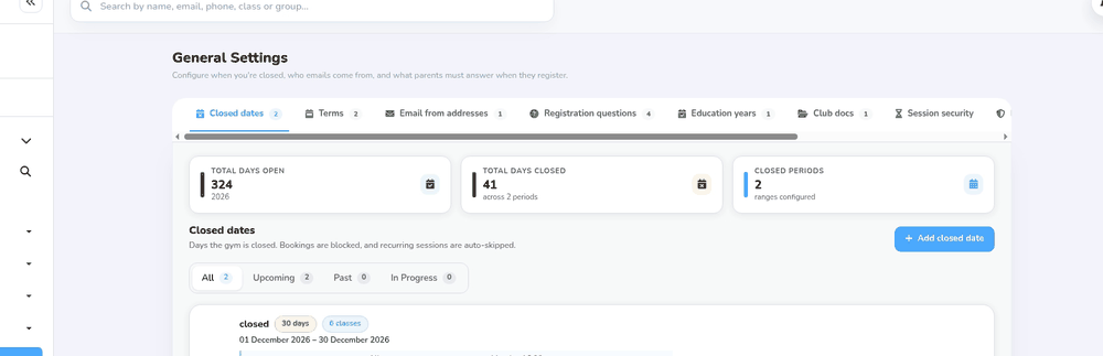 The Closed dates tab