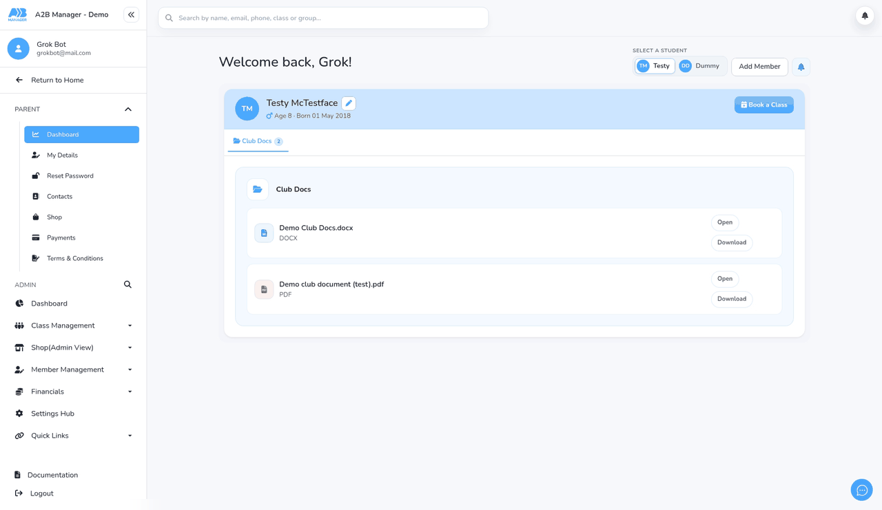The child's Club Docs tab on the parent dashboard