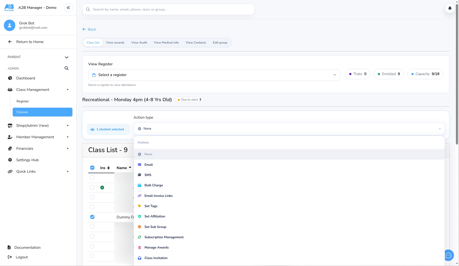 Choosing Class Invitation from Action type