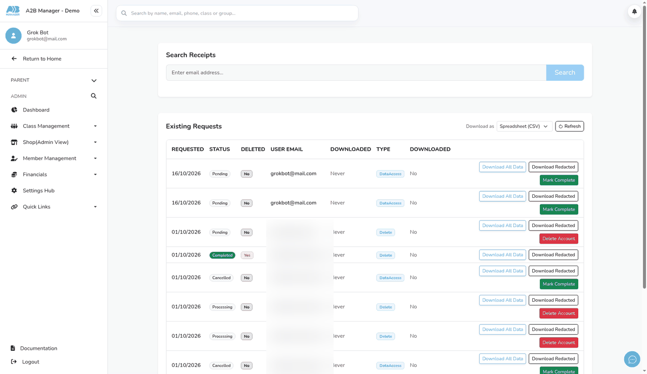 A pending data request under Existing Requests