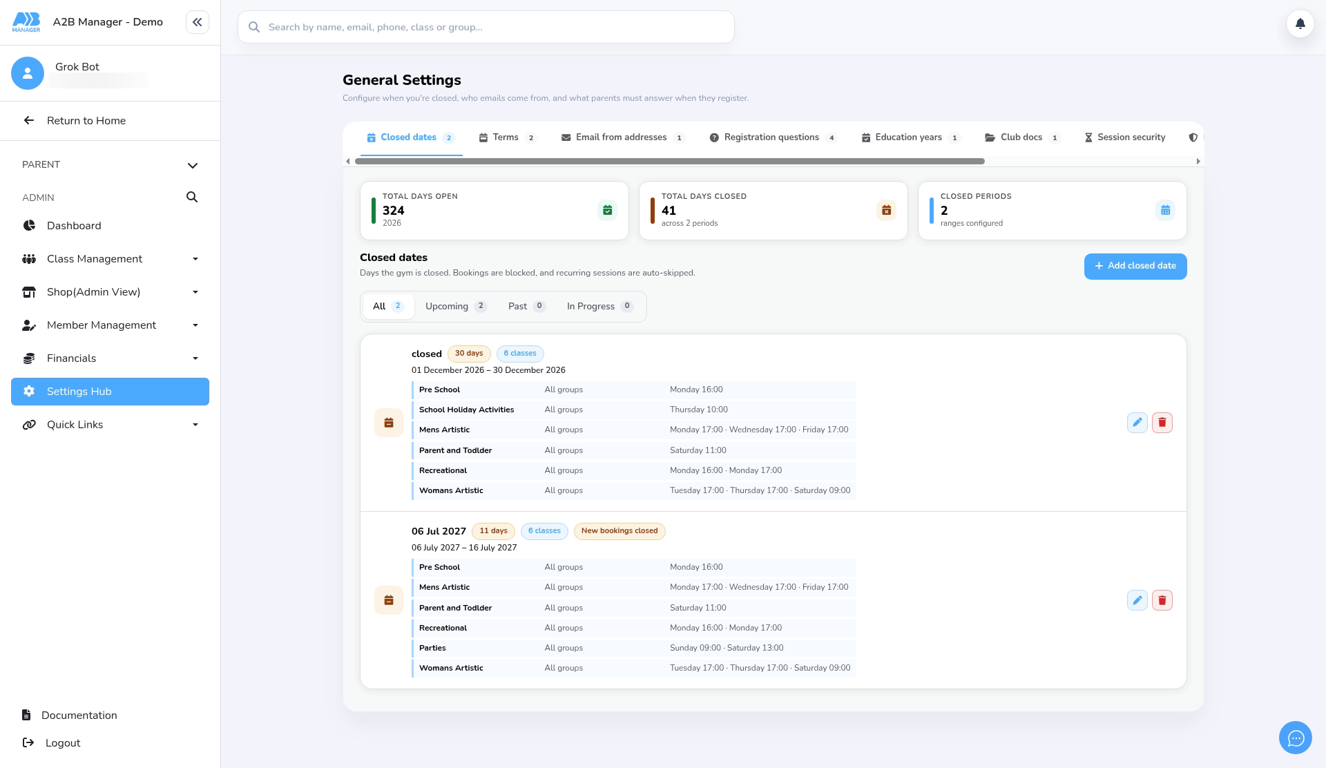 General Settings, open on the Closed dates tab