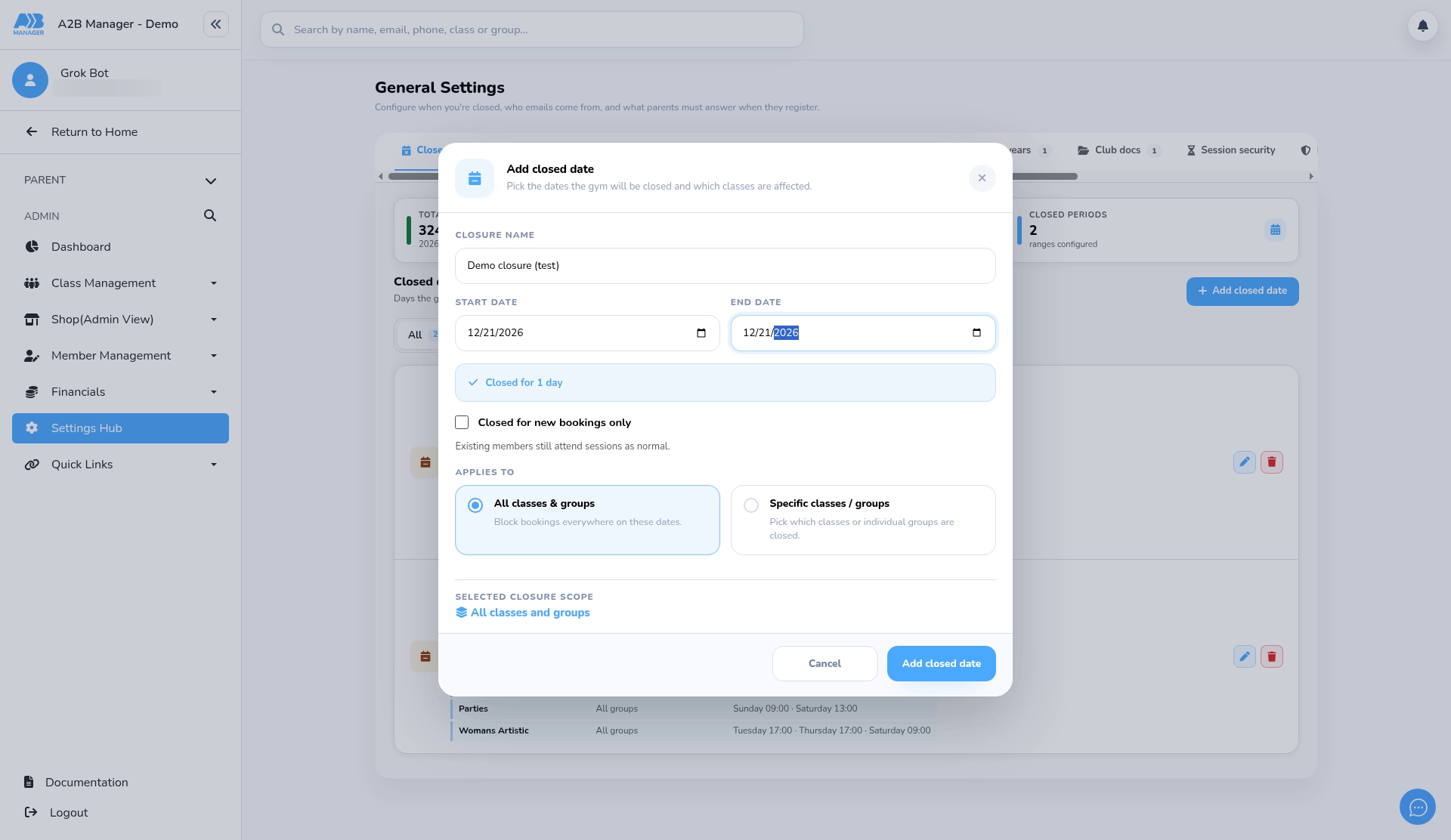 Closure name, dates and the new-bookings-only option