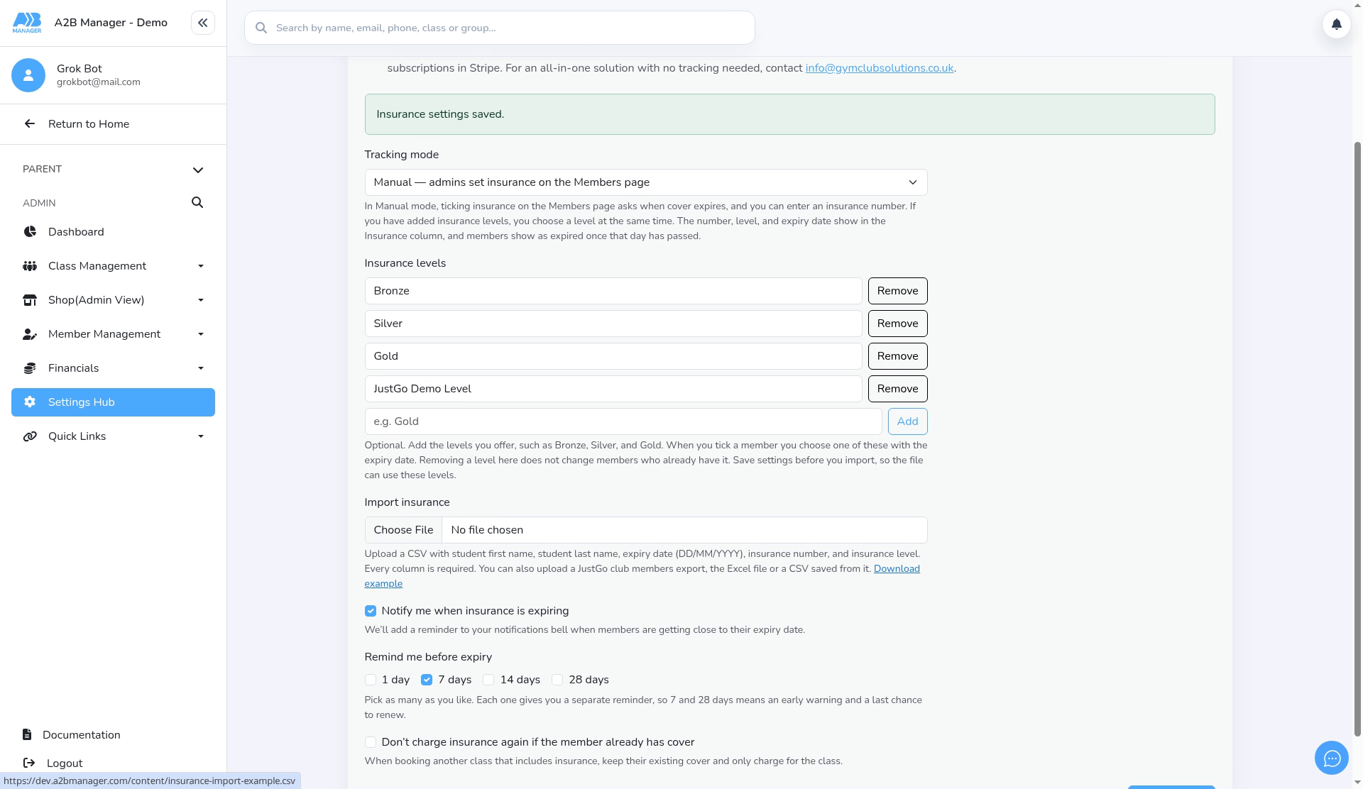 Expiry reminders and Save settings