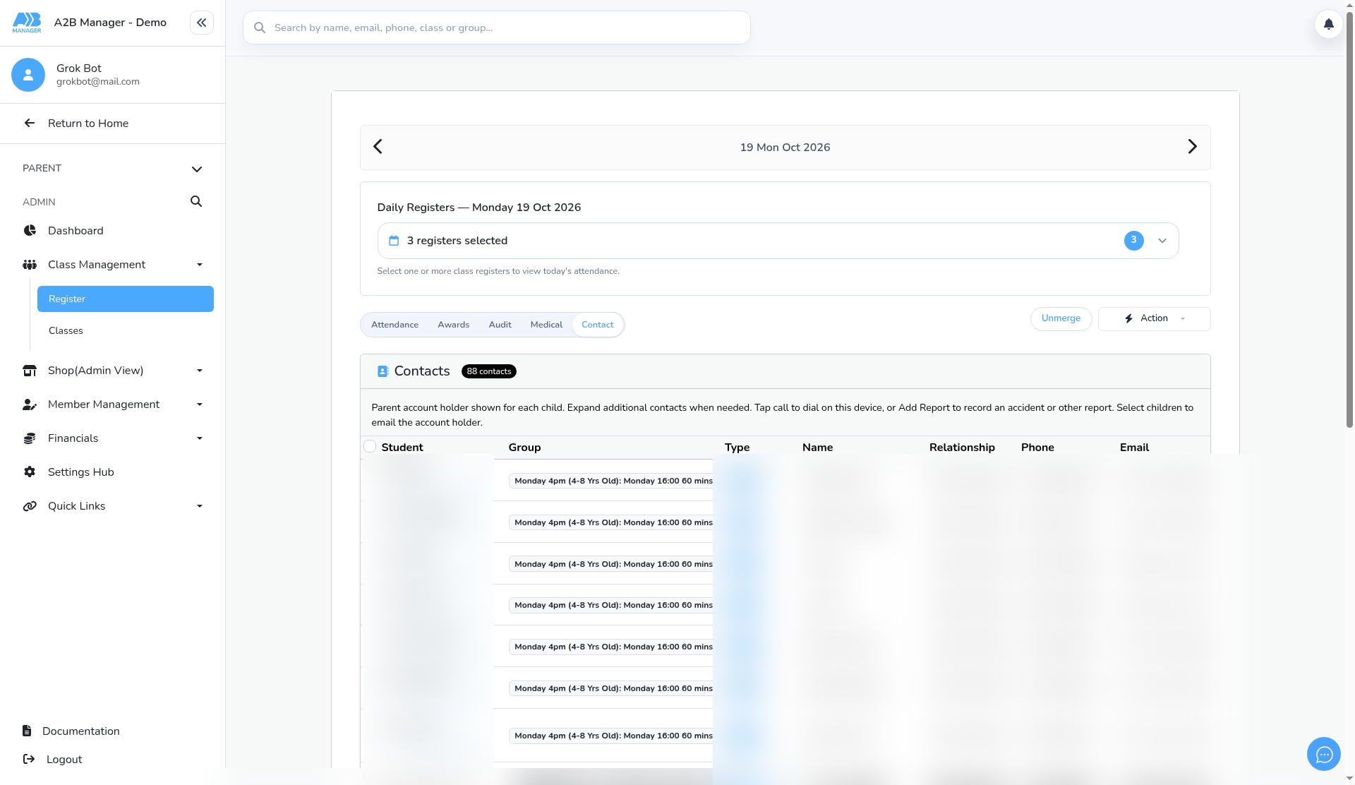 The Contact tab with a Group column