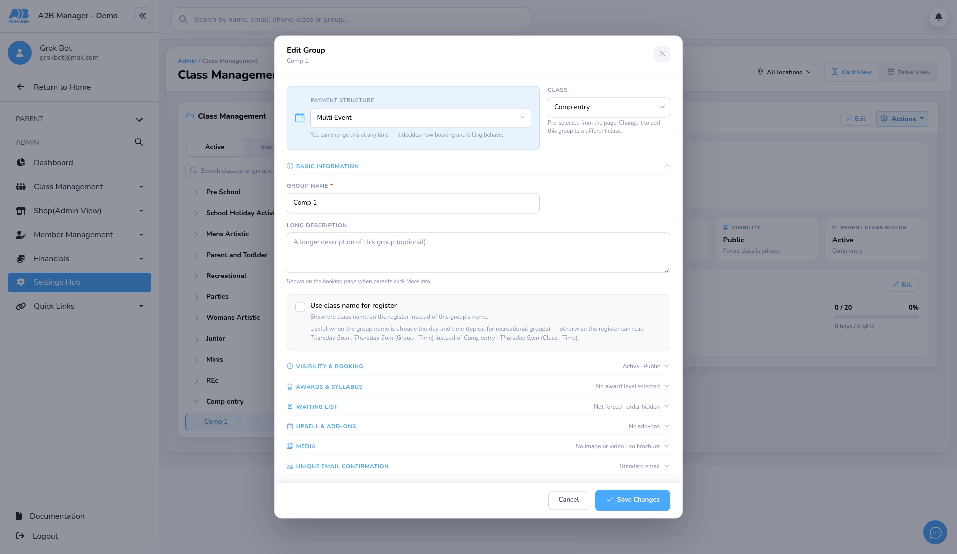Edit Group with Payment Structure set to Multi Event