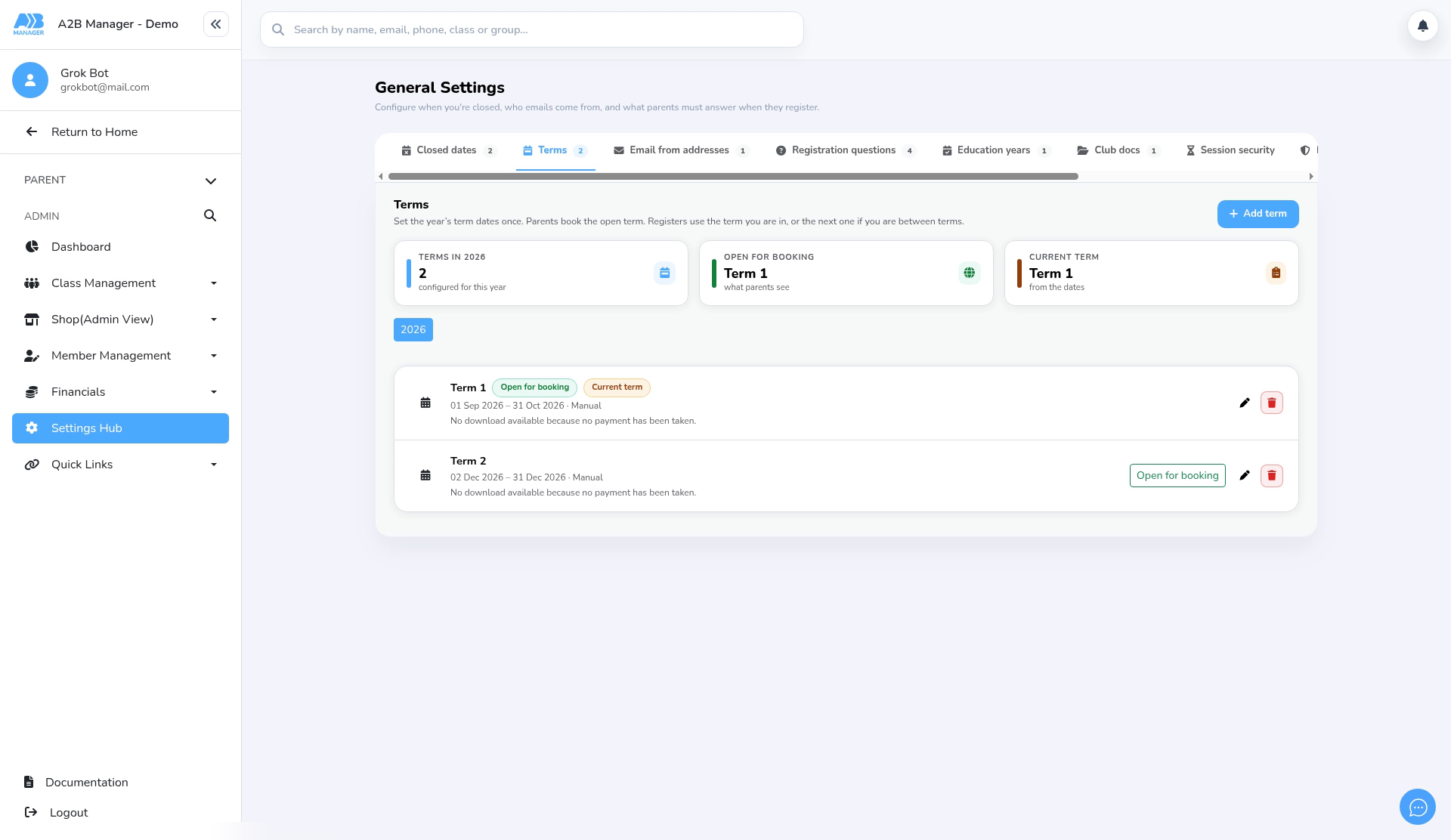 The Terms tab, with the Open for booking and Current term tiles