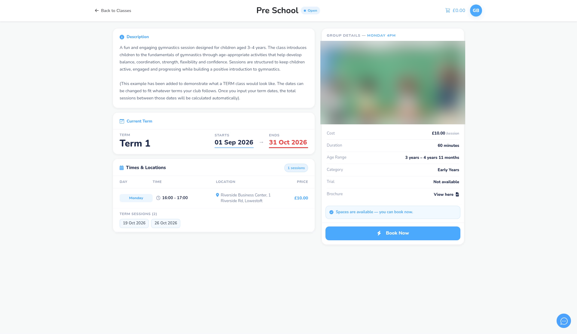 Before the switch, the same class page showed Term 1