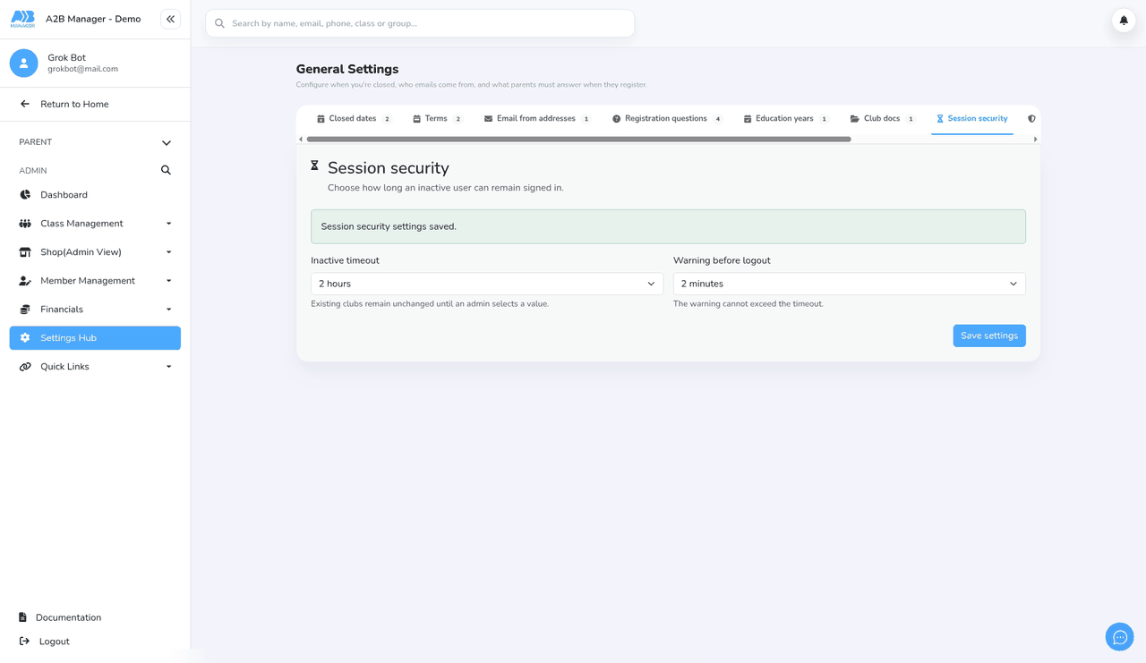 Session security settings saved