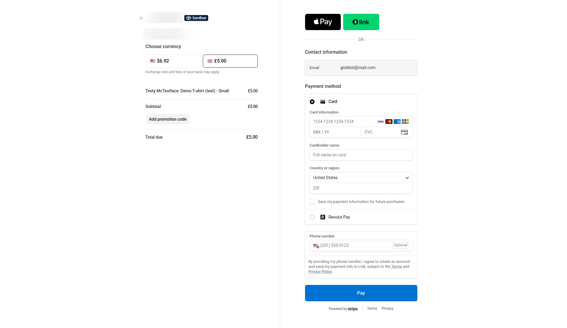 Choosing pounds on the Stripe payment page