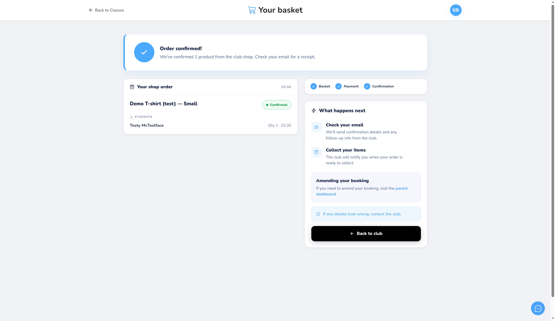 The Order confirmed page