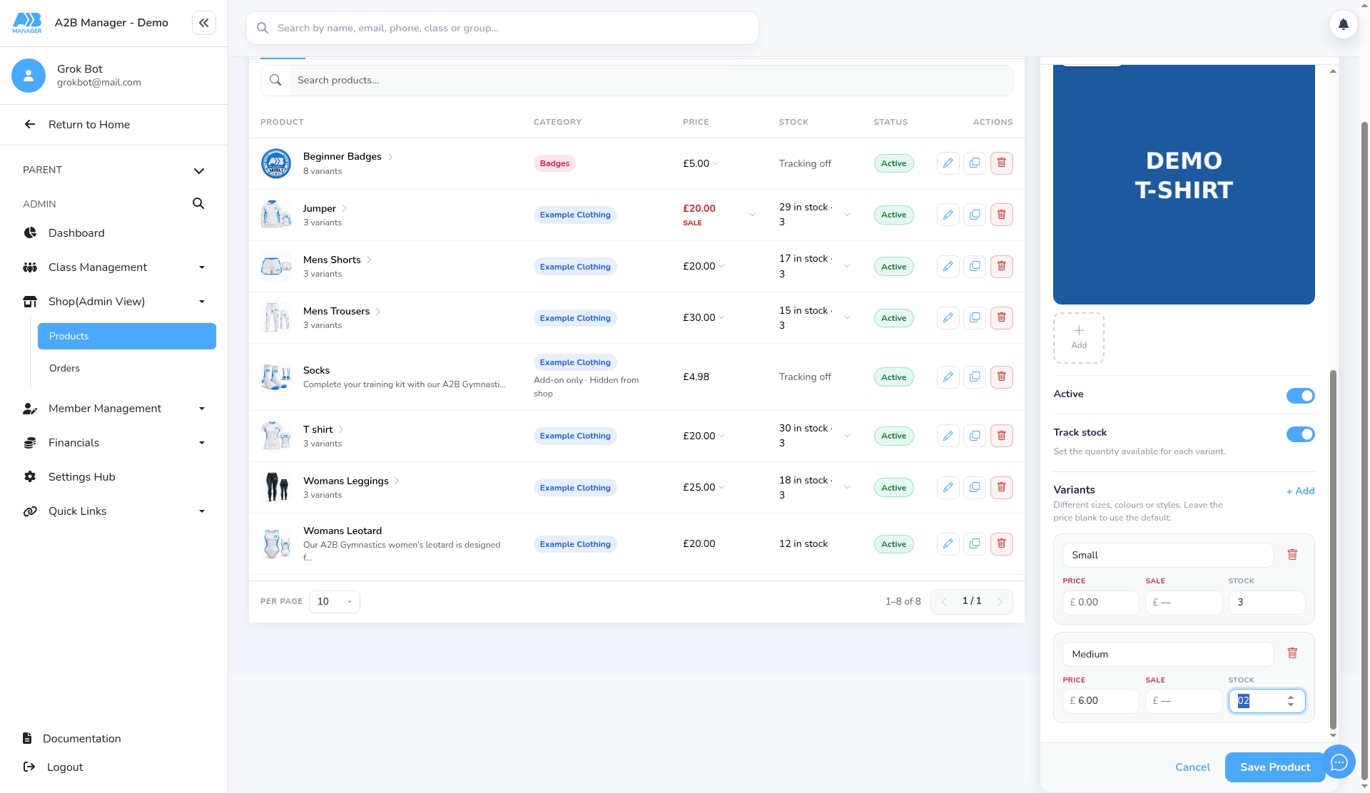 Variants with their own price and stock in the product editor
