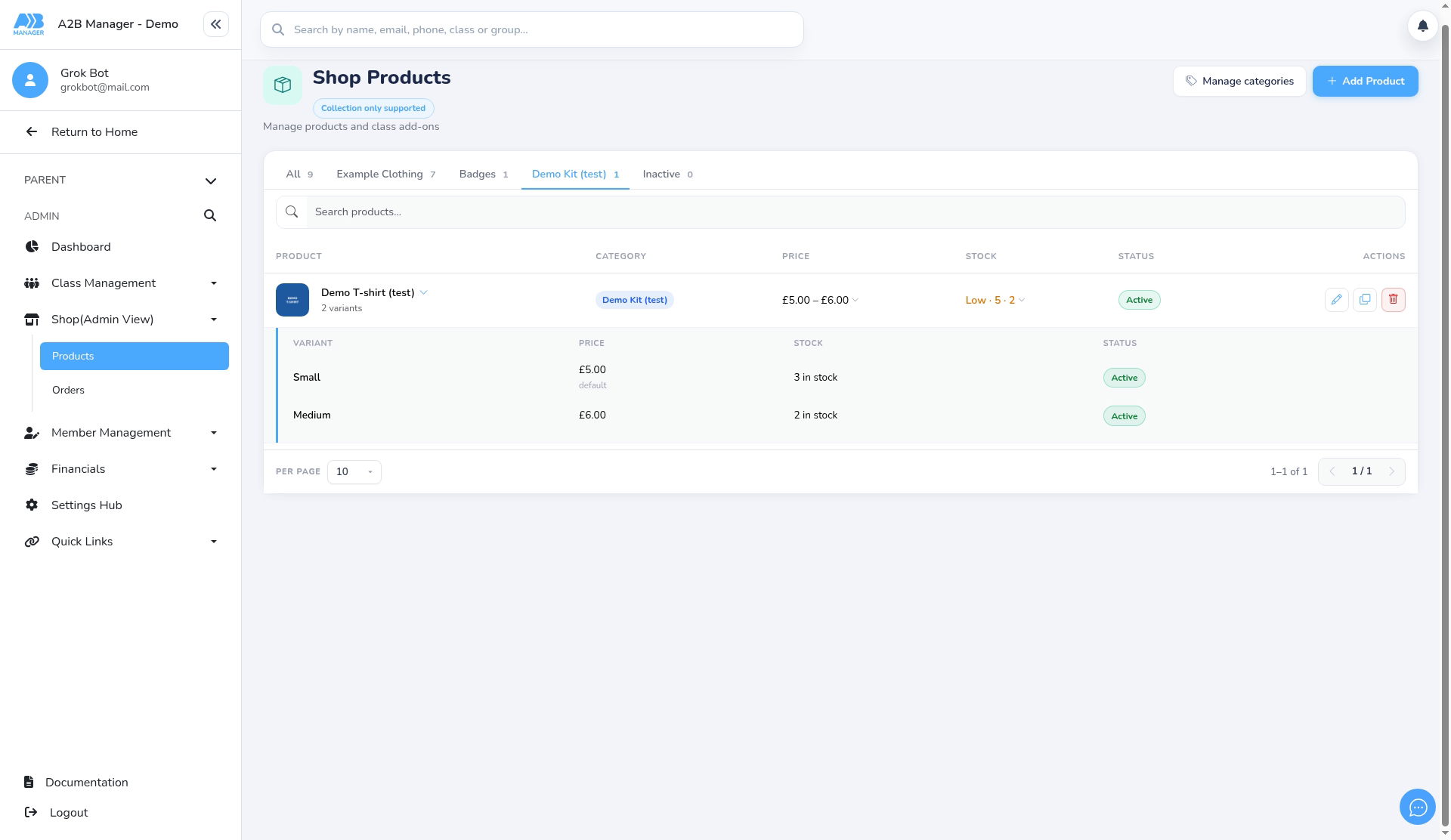 The product list with variant prices and stock