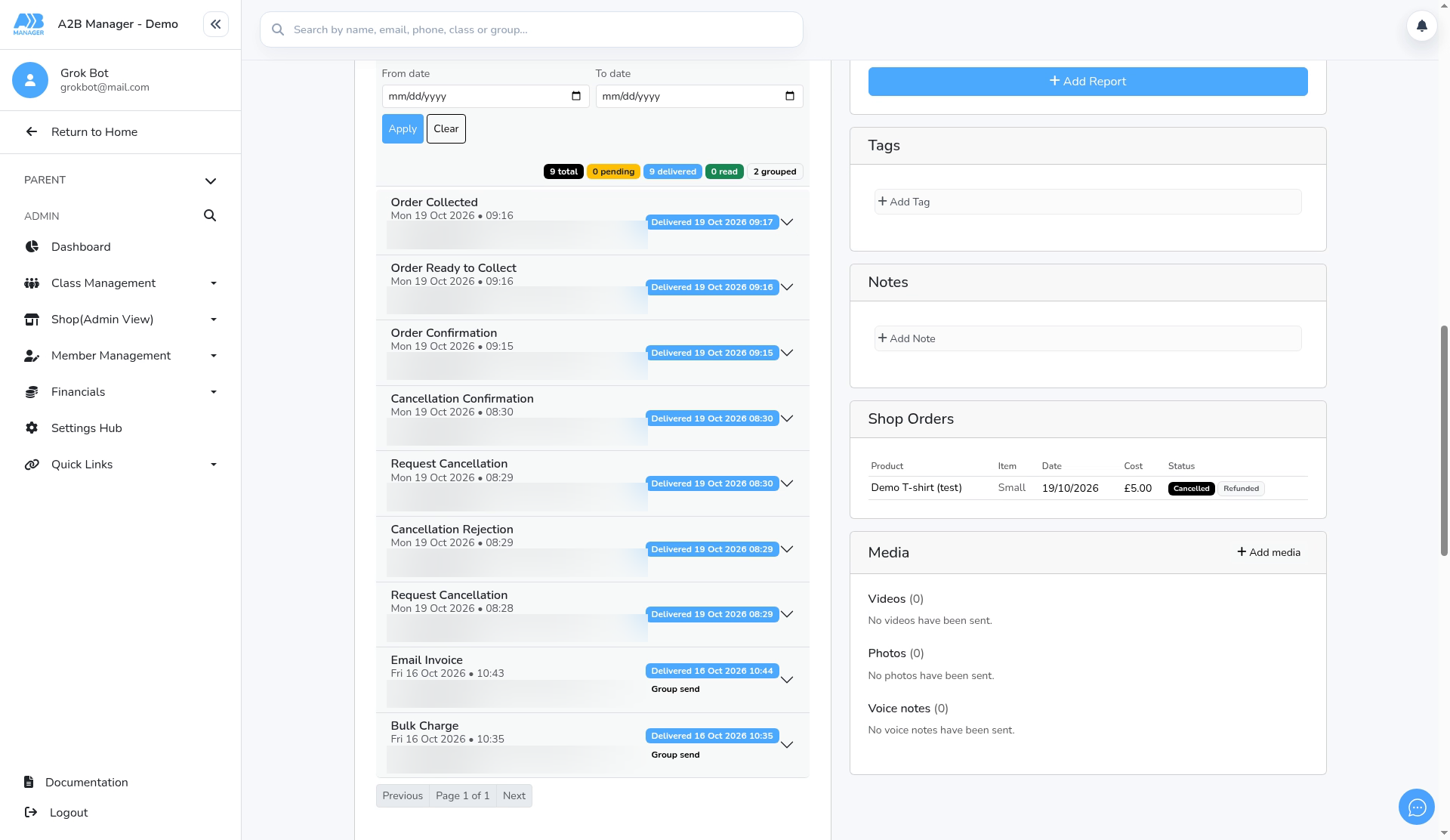 Shop Orders section and email log on the member's profile