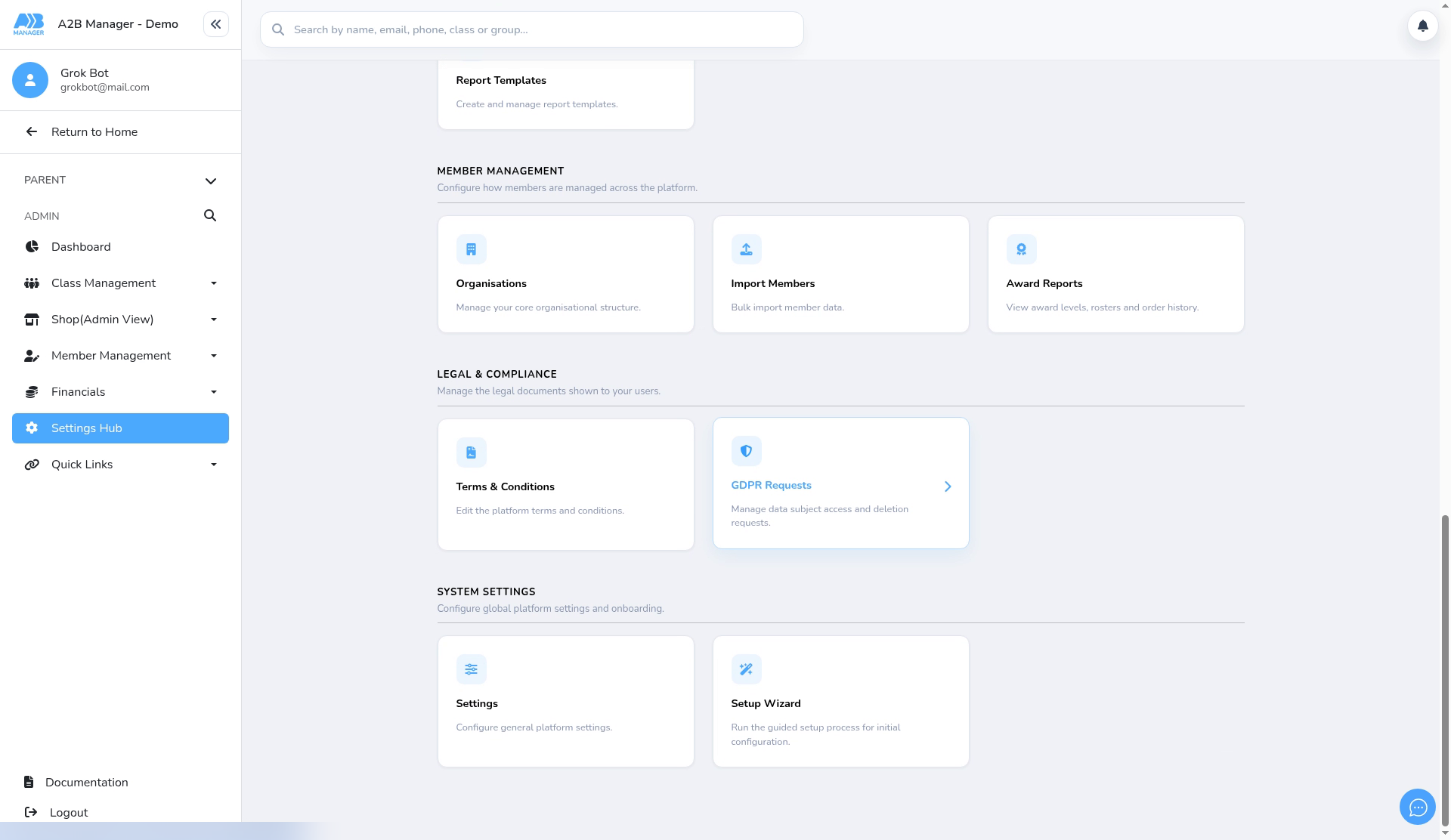 The Settings card in the Settings Hub