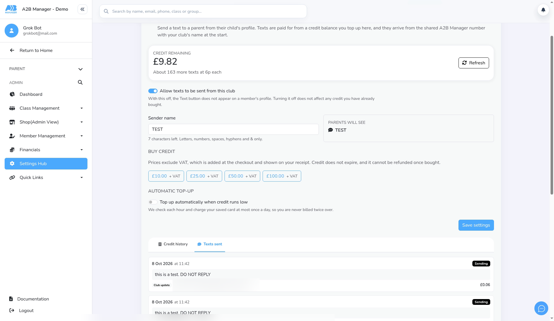 Texts sent, with each text's cost and status
