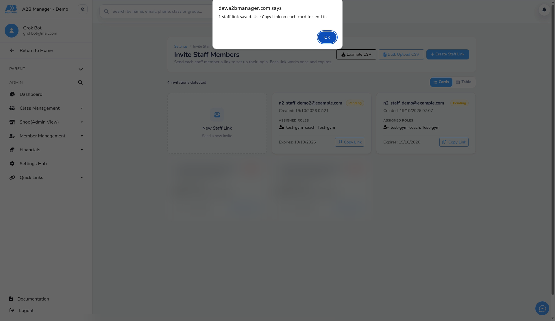 The message after Save link