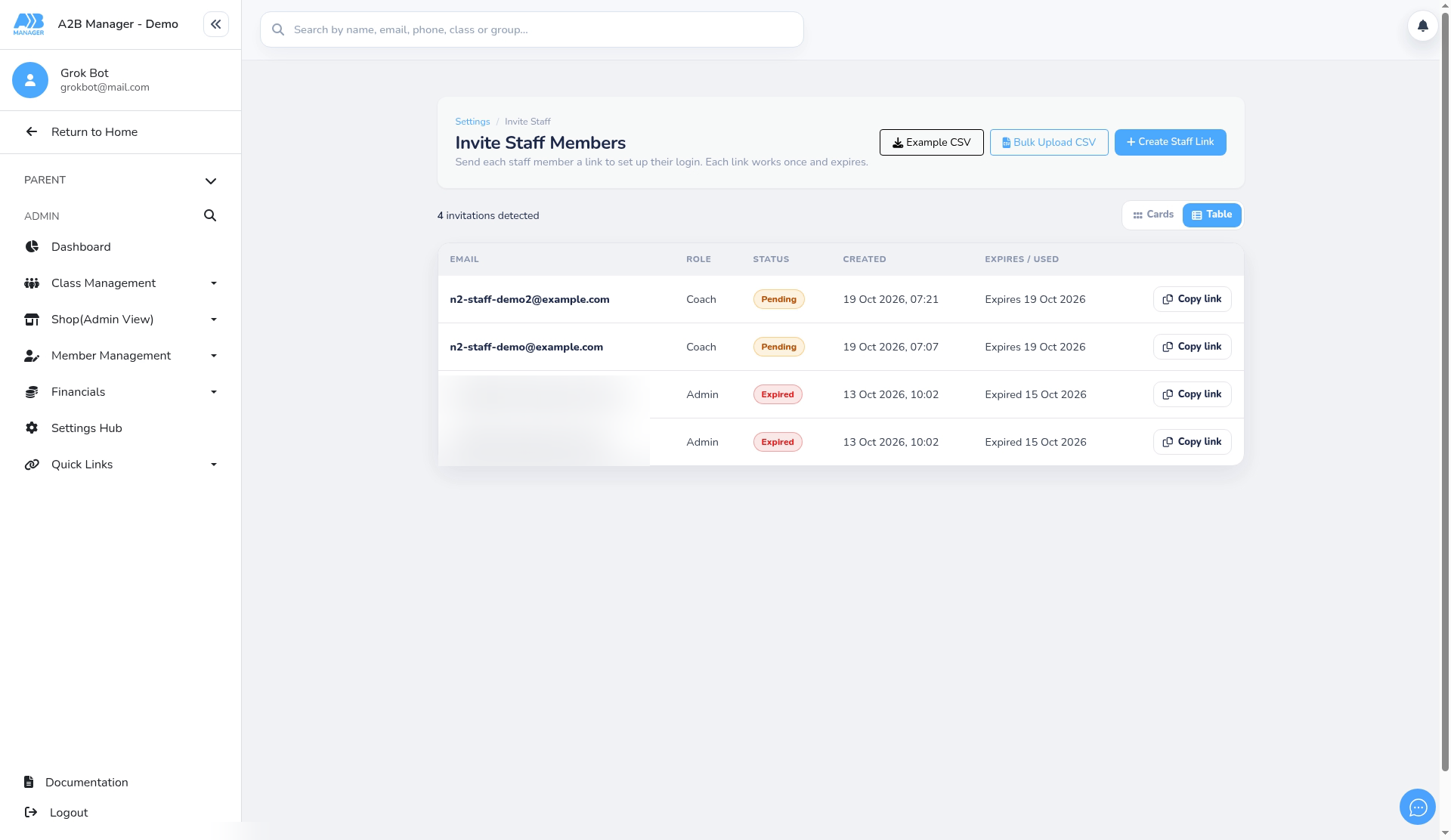 The invitations list in Table view