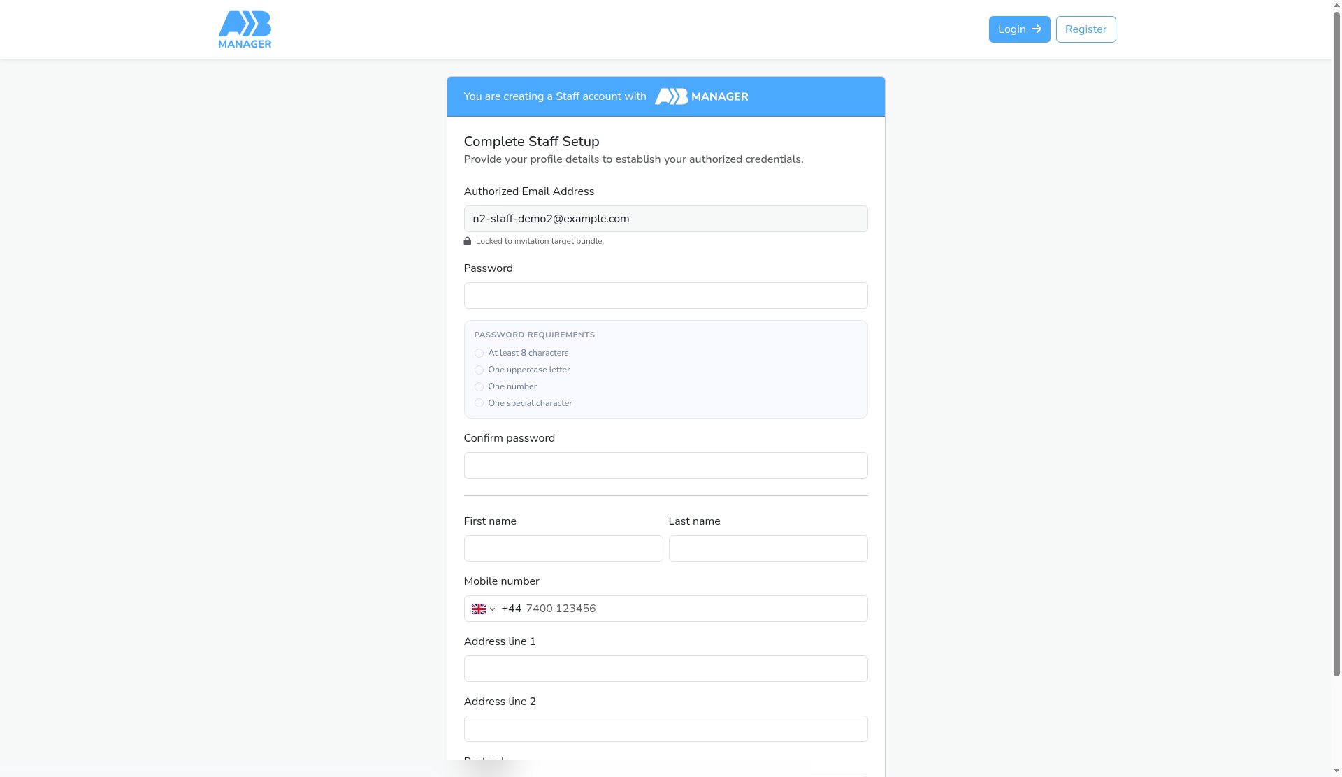 The staff sign-up page