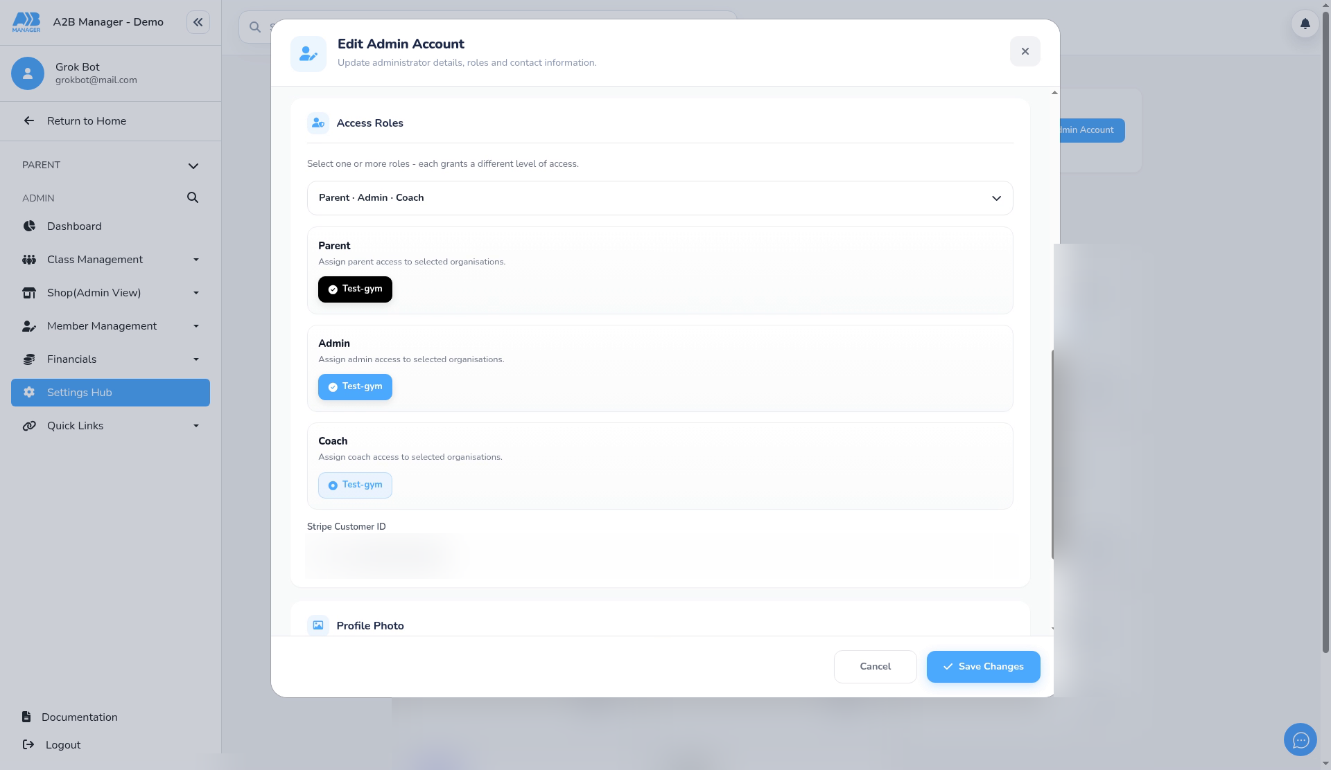 Edit Admin Account and Access Roles