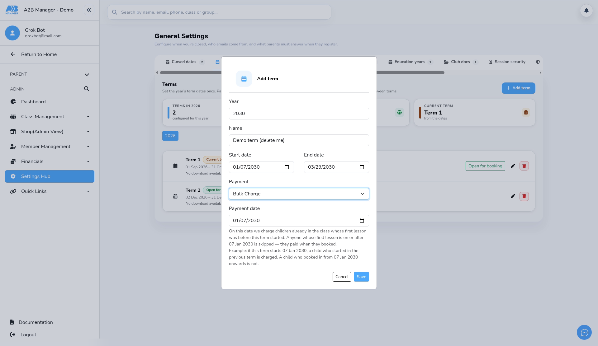 Bulk Charge with a payment date and the explanation underneath