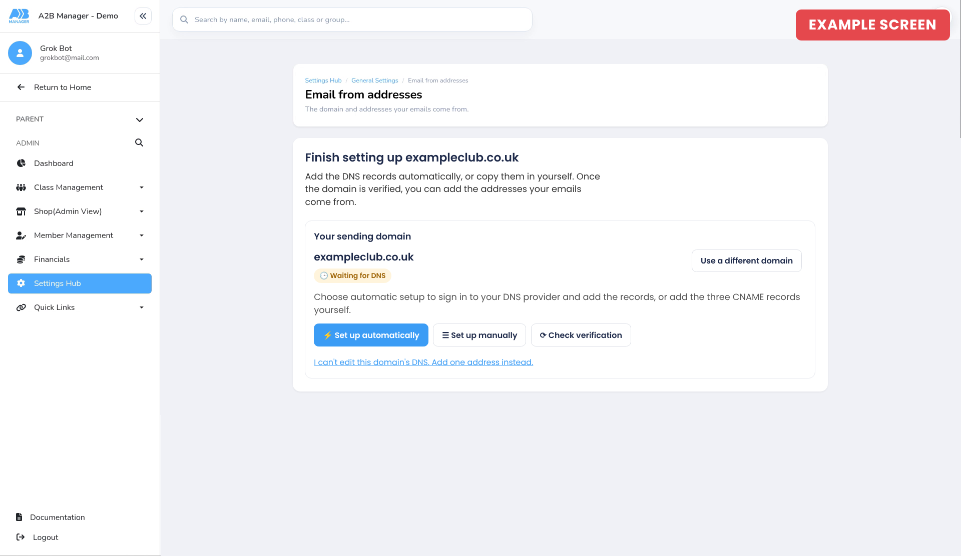 Example screen: domain waiting for DNS