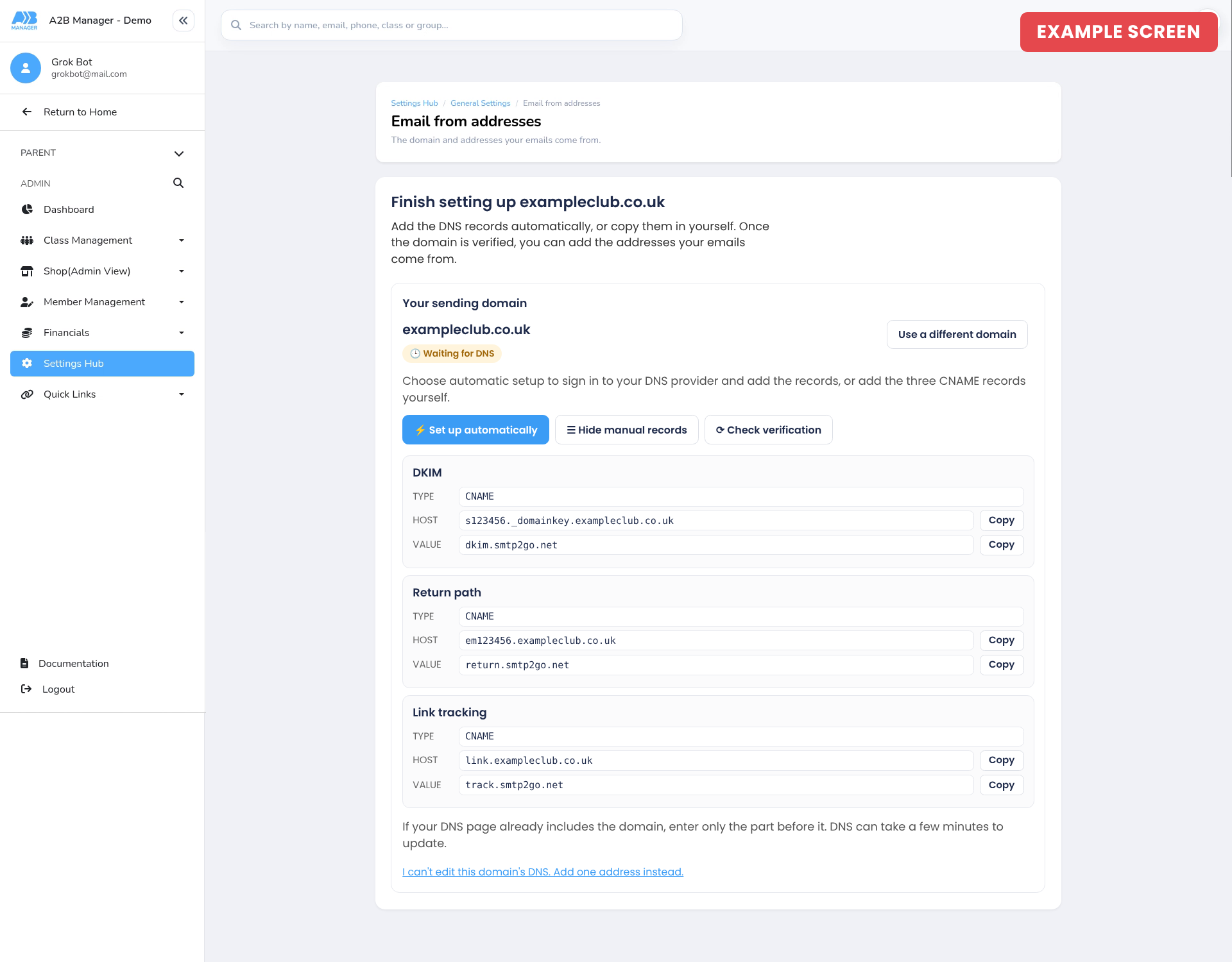 Example screen: the manual DNS records for exampleclub.co.uk