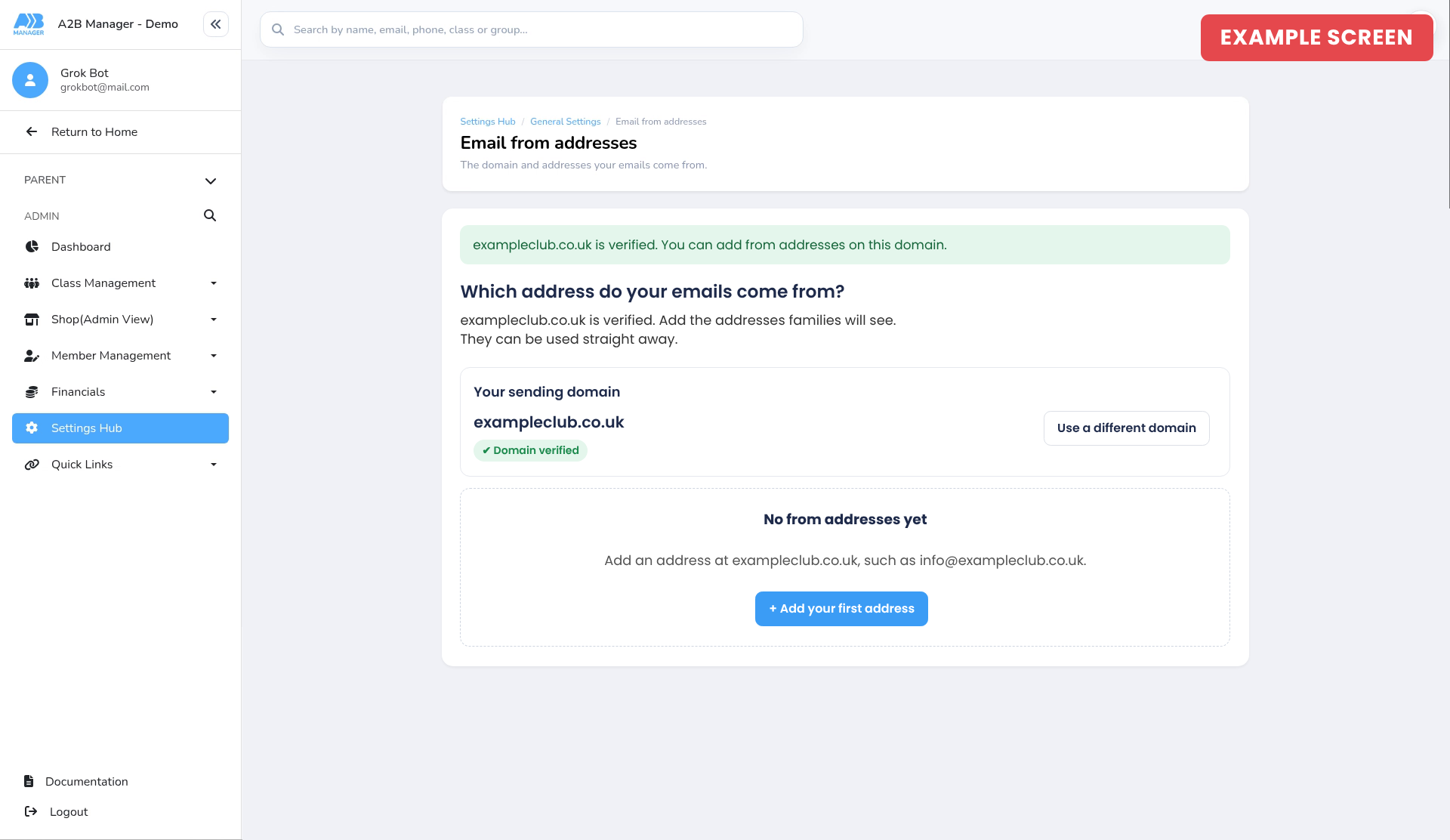 Example screen: domain verified
